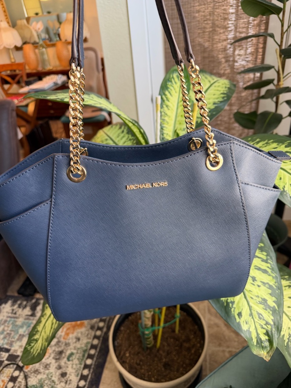 Michael Kors Navy Saffiano Leather Shoulder Tote with Gold Chain Handles